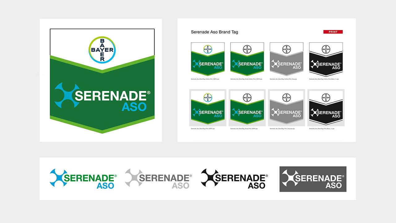 Image displays various logo designs for Serenade ASO, featuring green and black color schemes with circular and geometric elements.