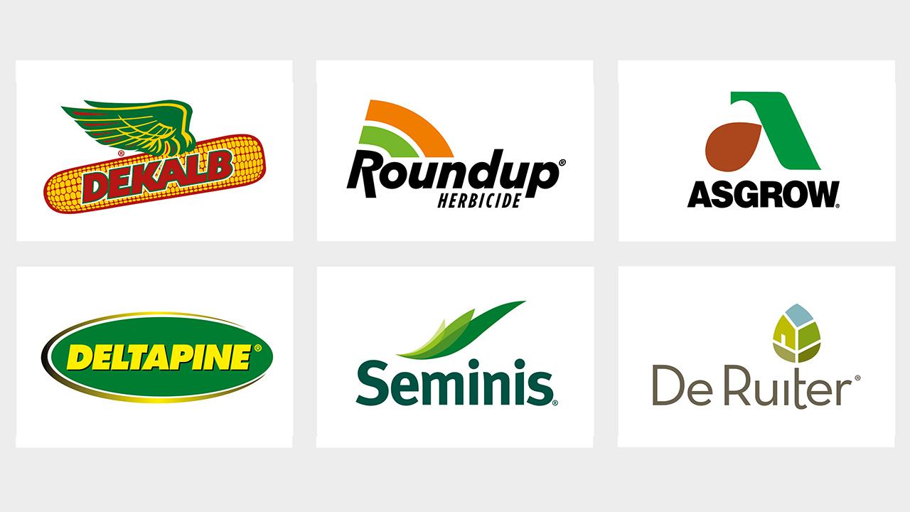 Logos of various agricultural brands: DEKALB, Roundup Herbicide, Asgrow, Deltapine, Seminis, and De Ruiter, displayed in a 2x3 grid on a white background.