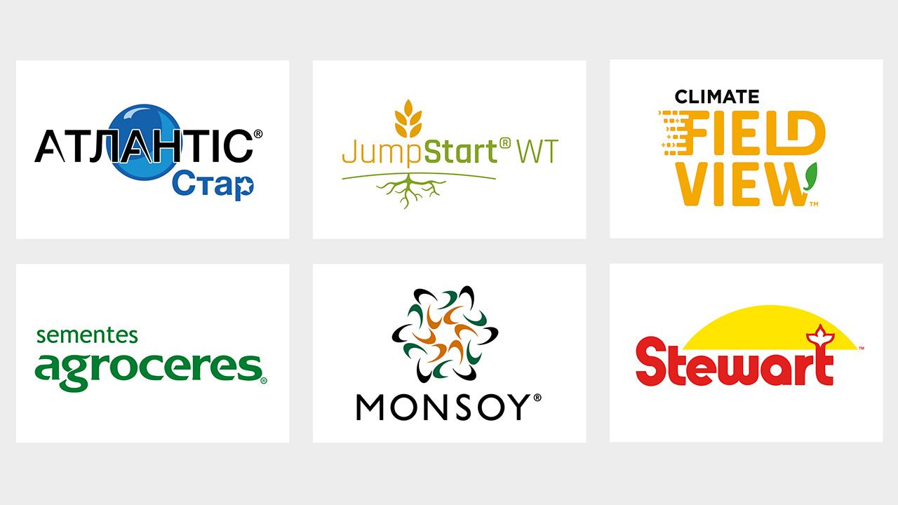 A grid with six agricultural company logos: Atlantic, JumpStart WT, Climate FieldView, Sementes Agroceres, Monsoy, and Stewart.