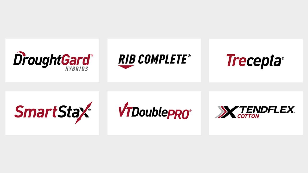 Image featuring logos for DroughtGard Hybrids, RIB Complete, Trecepta, SmartStax, VT Double PRO, and XtendFlex Cotton on a light gray background.