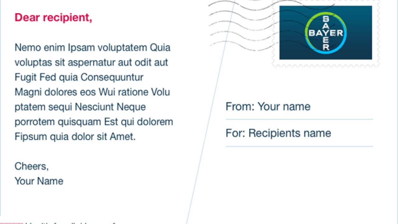 A postcard with placeholders for sender and recipient names. It includes a sample message in Latin and a Bayer logo on a postage stamp.