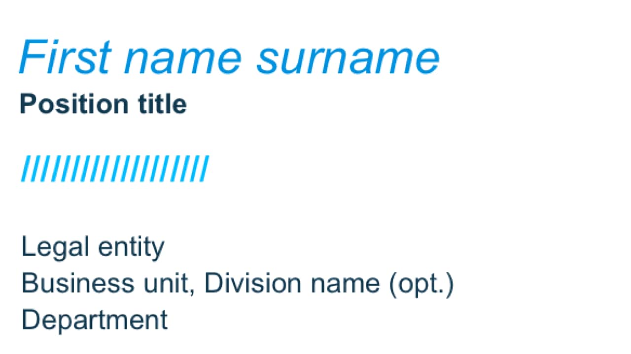 Business card template with placeholders: "First name surname," "Position title," sections for legal entity, business unit, division name, and department. Diagonal lines graphic included.