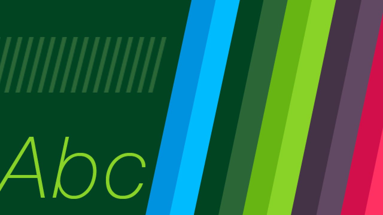 Colorful diagonal stripes on a dark green background with the text "Abc" in light green on the left.