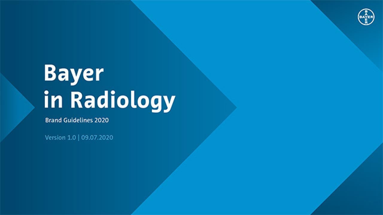 Cover of "Bayer in Radiology" Brand Guidelines 2020, Version 1.0, with a blue geometric background.