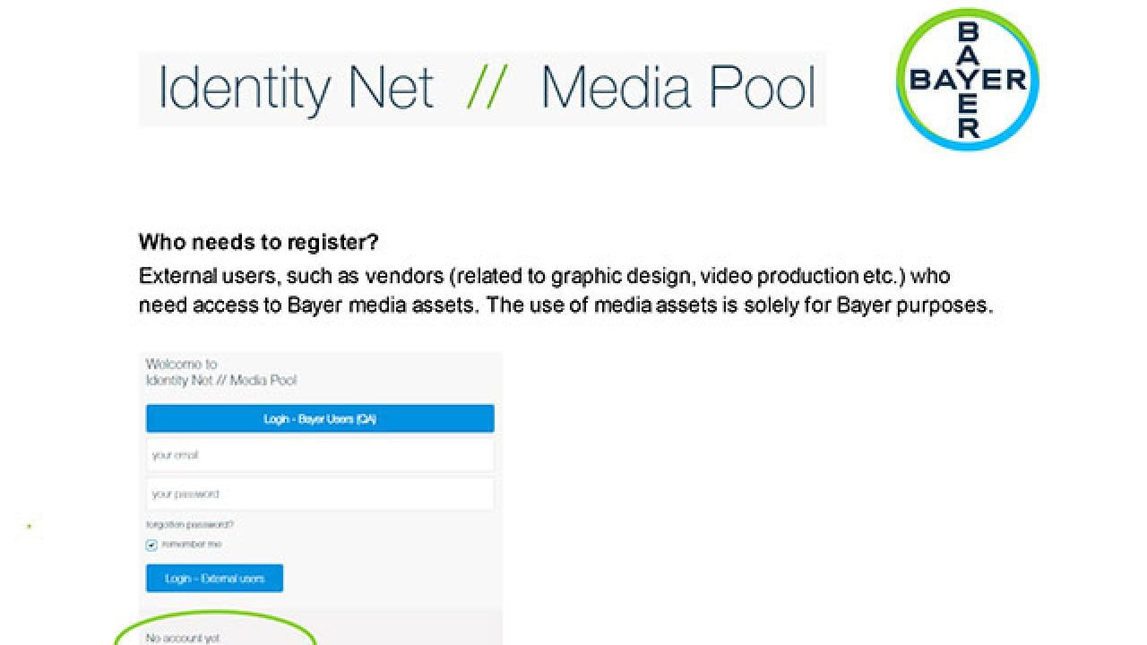 Screenshot of a registration page for "Identity Net // Media Pool" by Bayer, detailing who needs to register and providing a login option for external users like vendors.