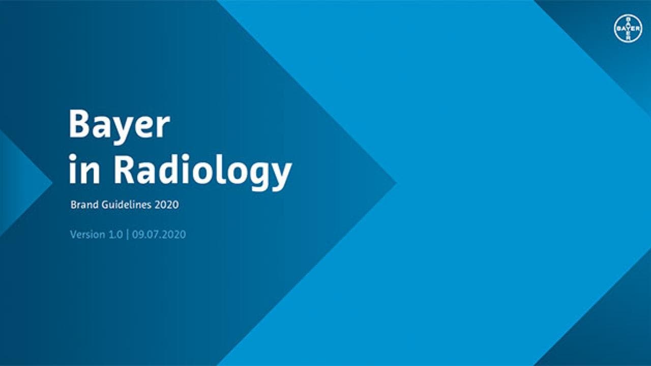 Blue cover slide titled "Bayer in Radiology," Brand Guidelines 2020, Version 1.0, dated 09.07.2020, with Bayer logo in the top right corner.