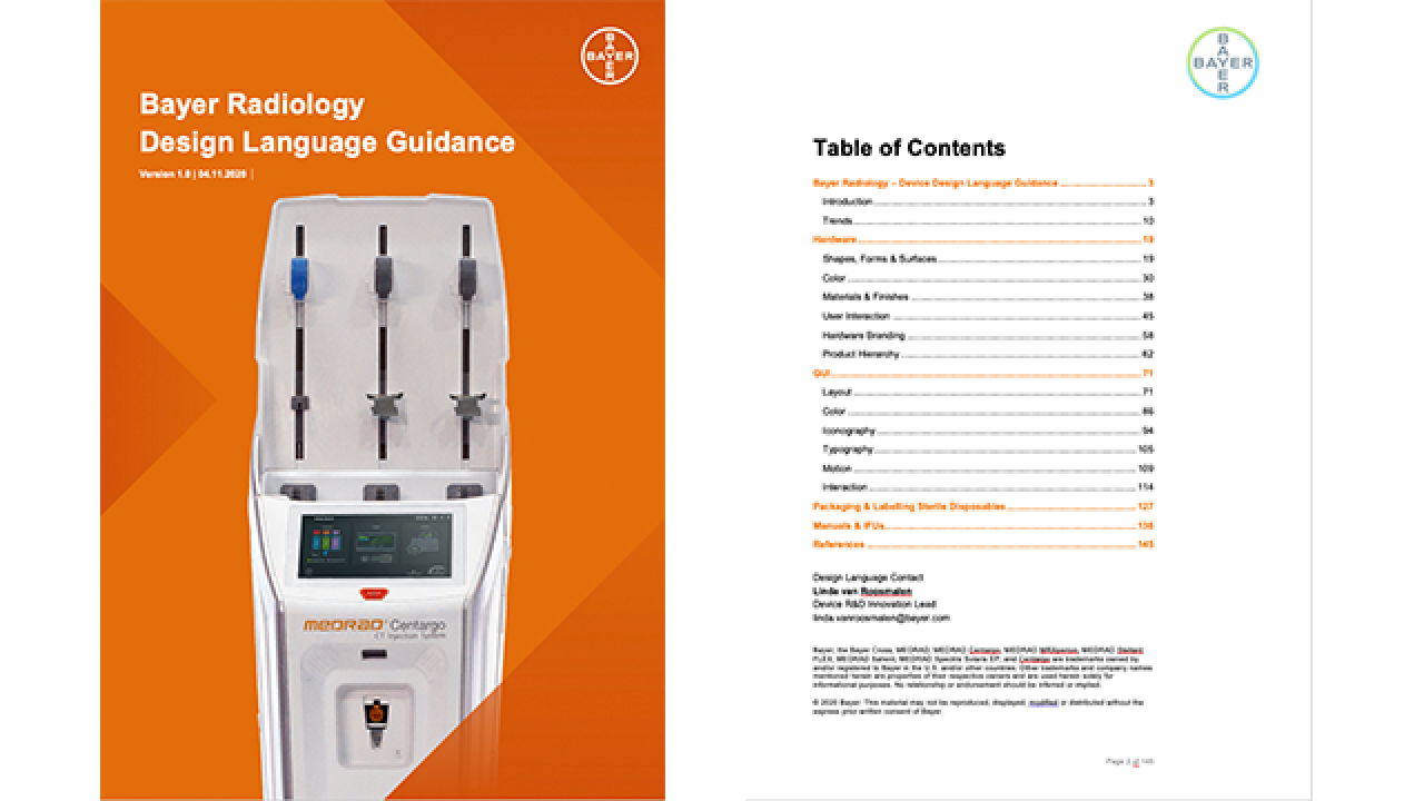 Cover and table of contents of the "Bayer Radiology Design Language Guidance" document, featuring an image of medical equipment on the left.