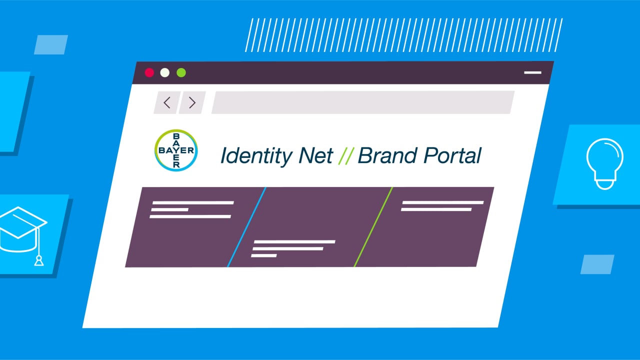 A digital illustration showing a webpage interface labeled "Identity Net / Brand Portal" with icons of a question mark, graduation cap, light bulb, and document on a blue background.
