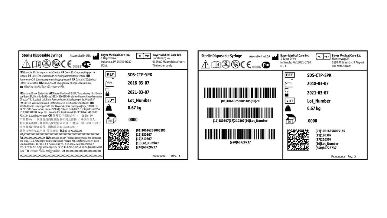 Two labels for sterile disposable syringes, containing product details like reference number, lot number, weight, and manufacturing dates. Includes QR codes and manufacturer information.