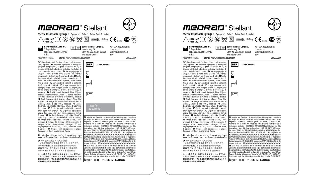 Two labels for Medrad Stellant syringes with detailed product, manufacturer, and usage information, including symbols and text in multiple languages, displayed side by side.