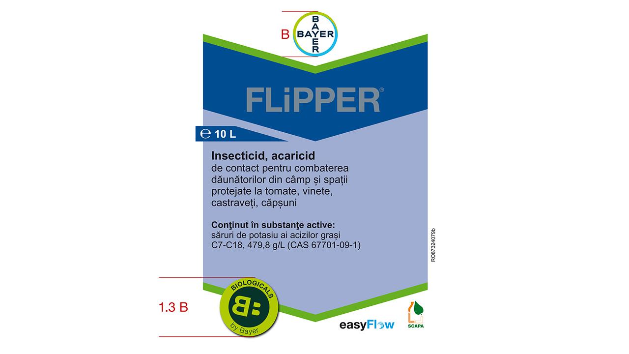 Label of a 10L Flipper insecticide and acaricide container from Bayer, detailing ingredients and usage for tomatoes, eggplants, cucumbers, and strawberries.