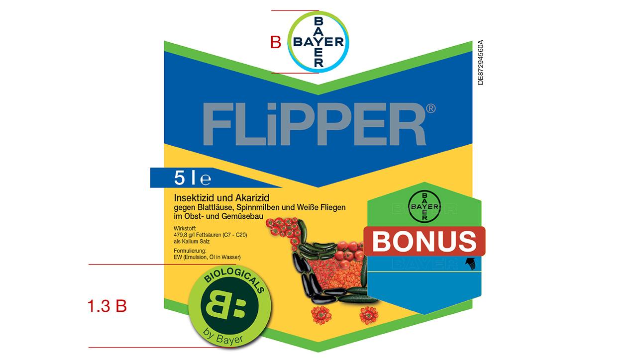 Bayer Flipper insecticide packaging, featuring product name, logo, and images of fruit. Includes bonus offer label.