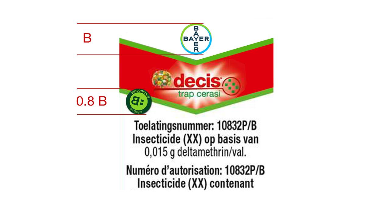 Packaging label for Decis Trap Ceras insecticide with 0.015g deltamethrin. Includes authorization number 10832P/B. Contains text in Dutch and French with Bayer logo.