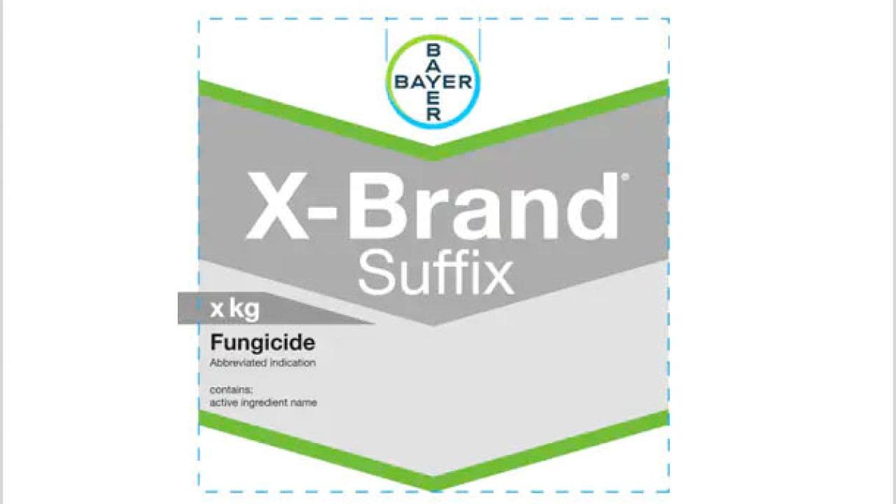 Label design for a Bayer fungicide product called "X-Brand Suffix" with placeholder text for weight and active ingredients.