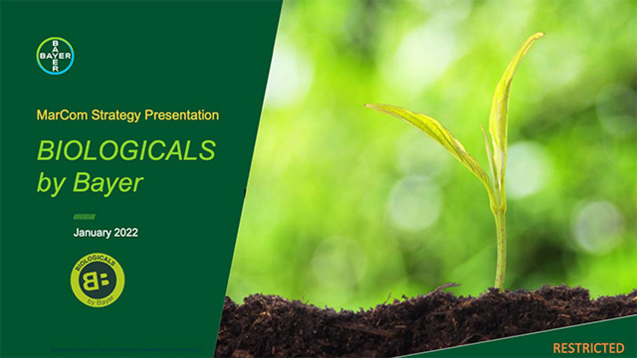 Cover slide of a presentation titled "Biologicals by Bayer," featuring a young plant sprout on a green background. Date: January 2022.