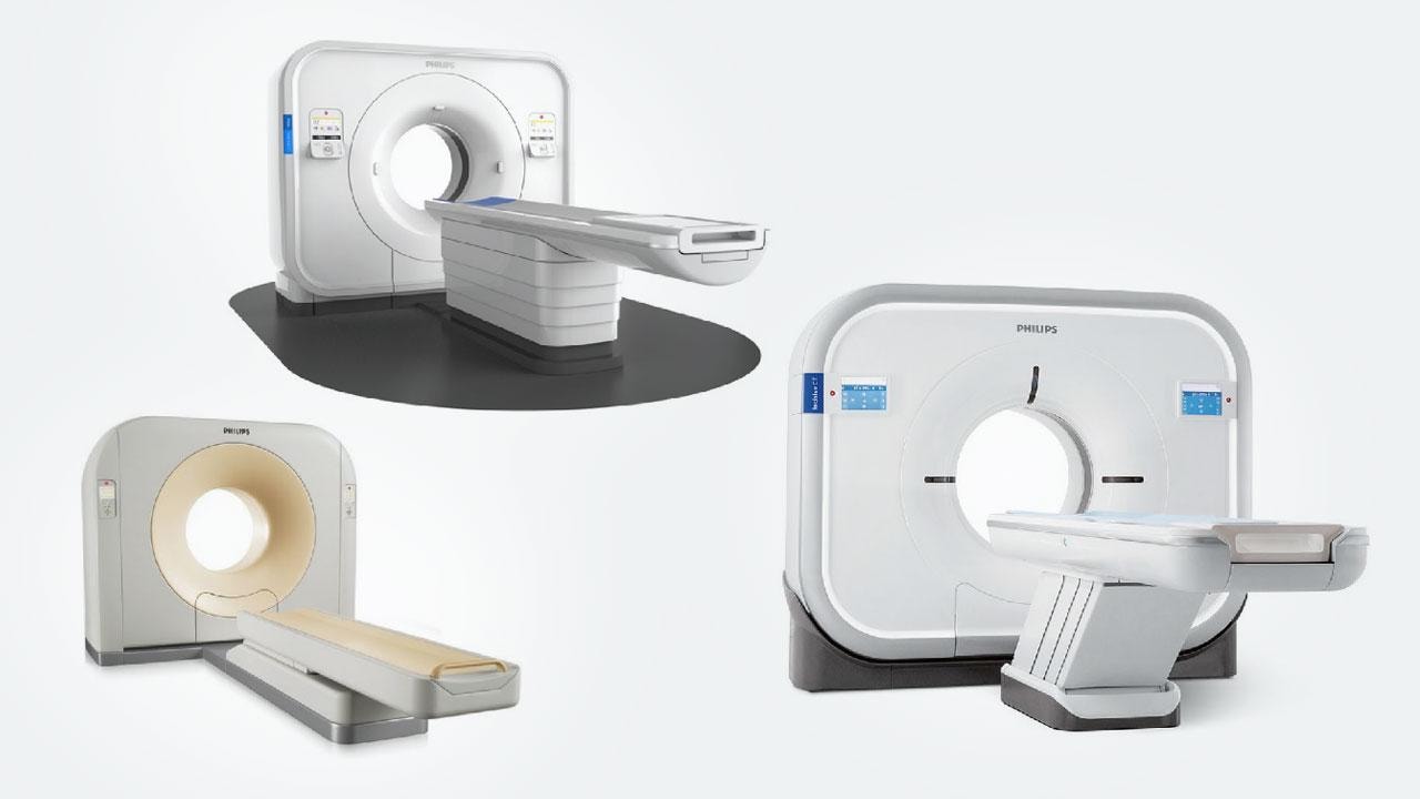 Three different models of Philips CT scanners displayed against a plain background.