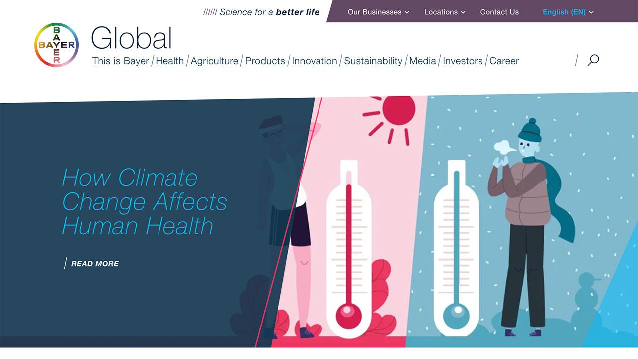 Illustration of how climate change affects human health, showing thermometers and silhouettes of a person in warm and cold weather settings.