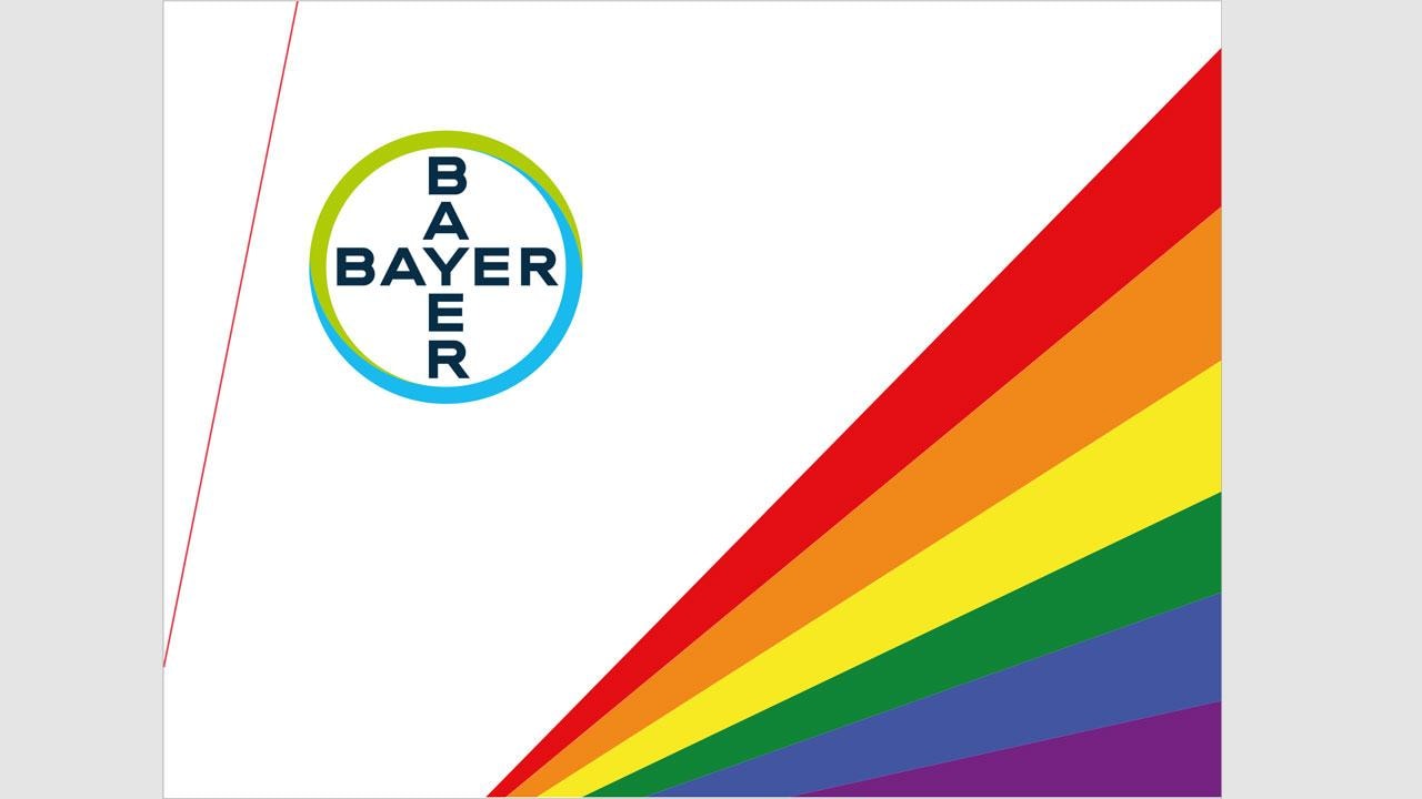 Bayer logo on a white background with a diagonal stripe of rainbow colors in the bottom right corner.