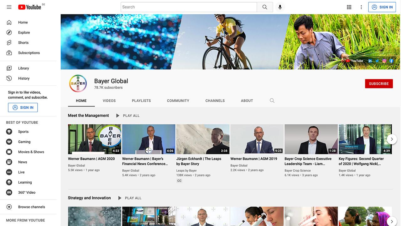 YouTube channel page for Bayer Global, featuring videos on management, strategy, and company updates.