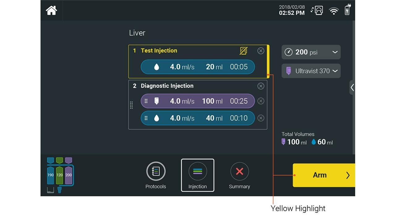 Workflow progression button is highlighted yellow along with related injection information.
