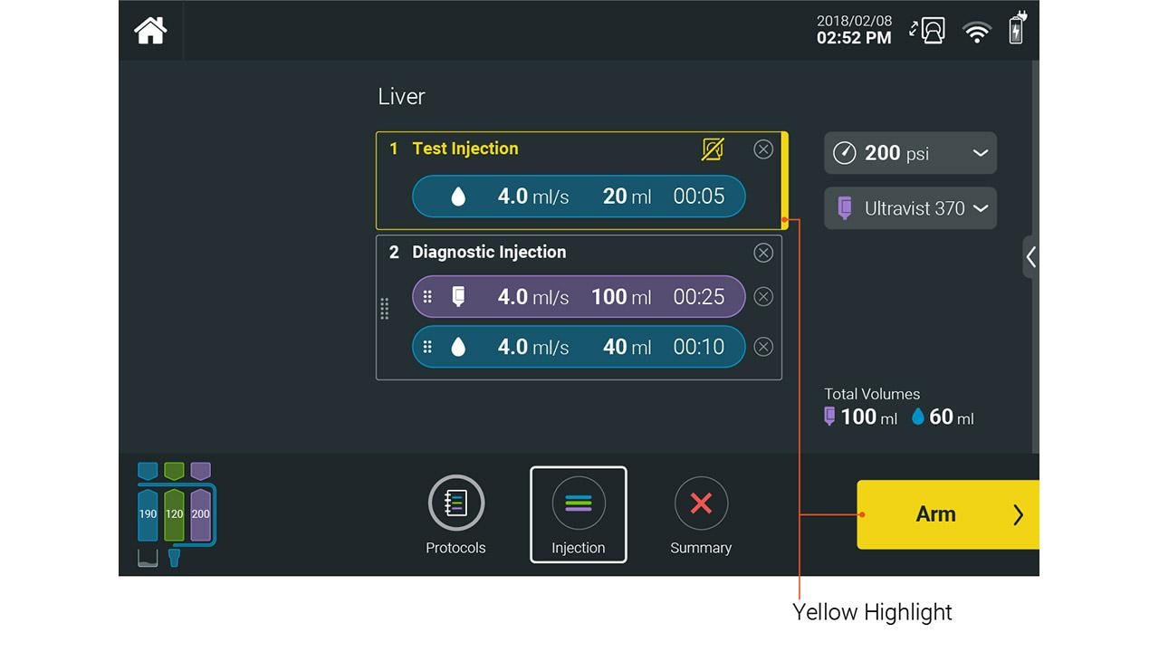 Workflow progression button is highlighted yellow along with related injection information.