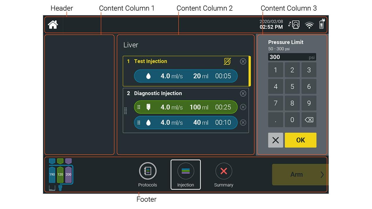 Example layout structure for an Exam screen on a Radiology device GUI.