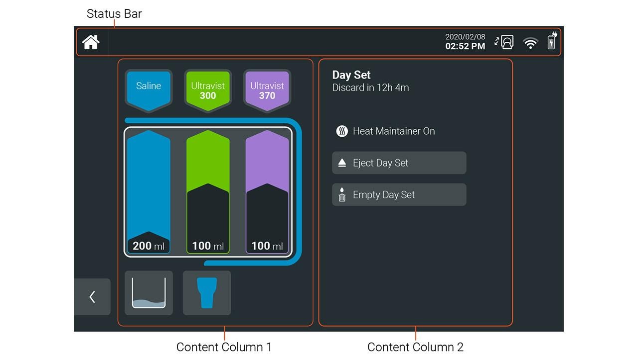 Example layout structure for an Injector screen on a Radiology device GUI.