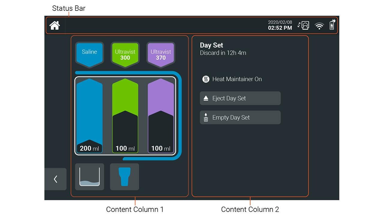 Example layout structure for an Injector screen on a Radiology device GUI.