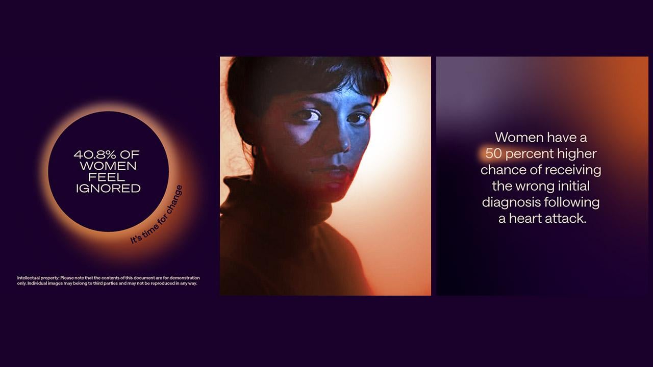 WOMEN I Bayer visual identity: Artwork, print spread, social post, and the logo in static form