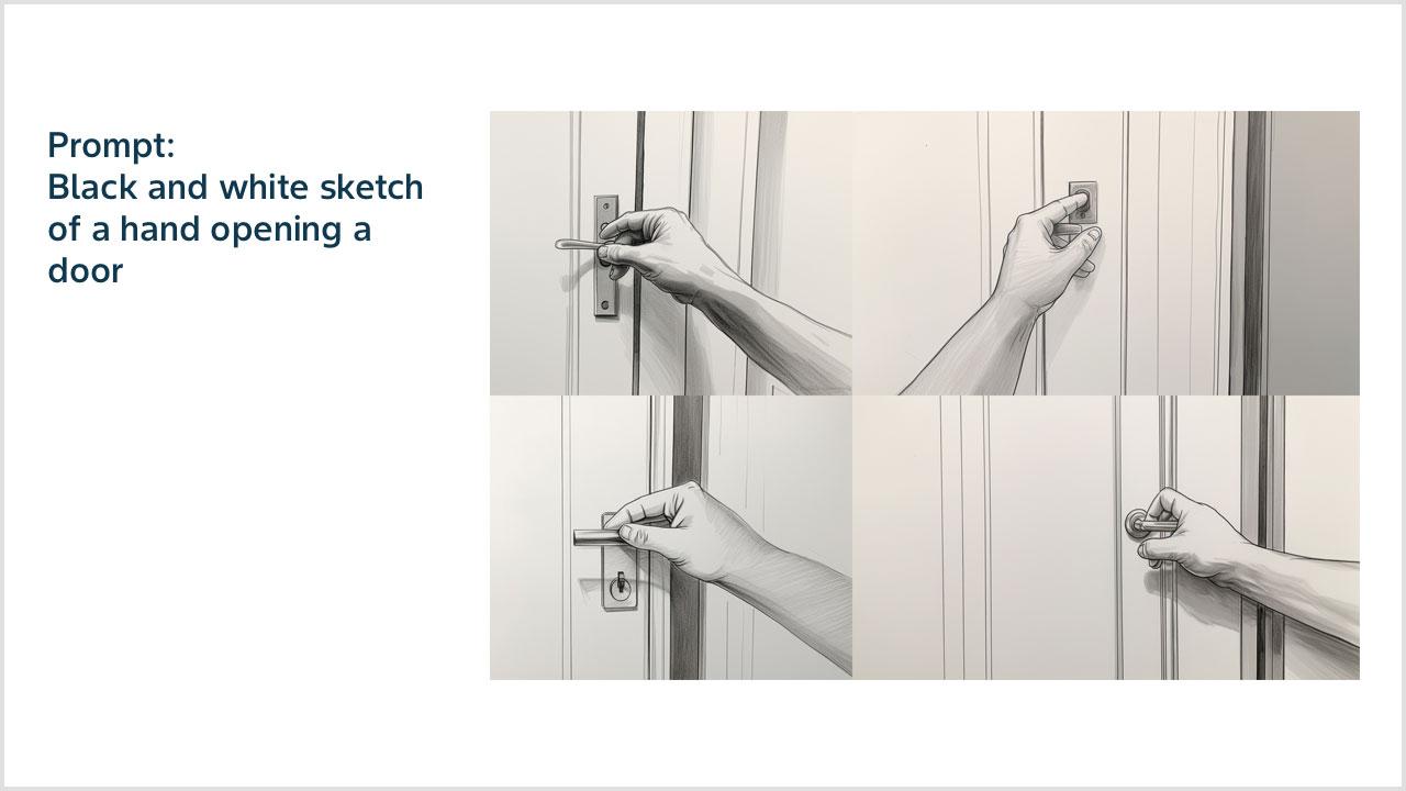 Prompt: Black and white sketch of a hand opening a door