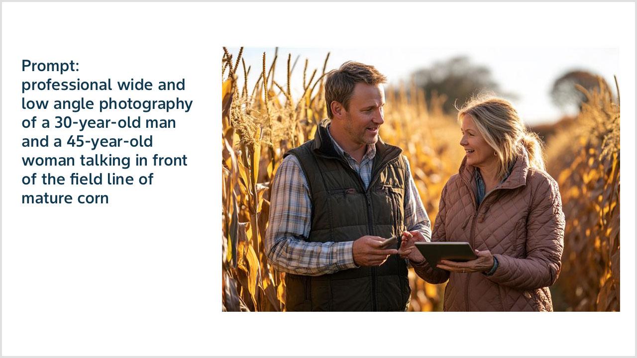 Prompt: professional wide and low angle photography of a 30-year-old man and a 45-year-old woman talking in front of the field line of mature corn