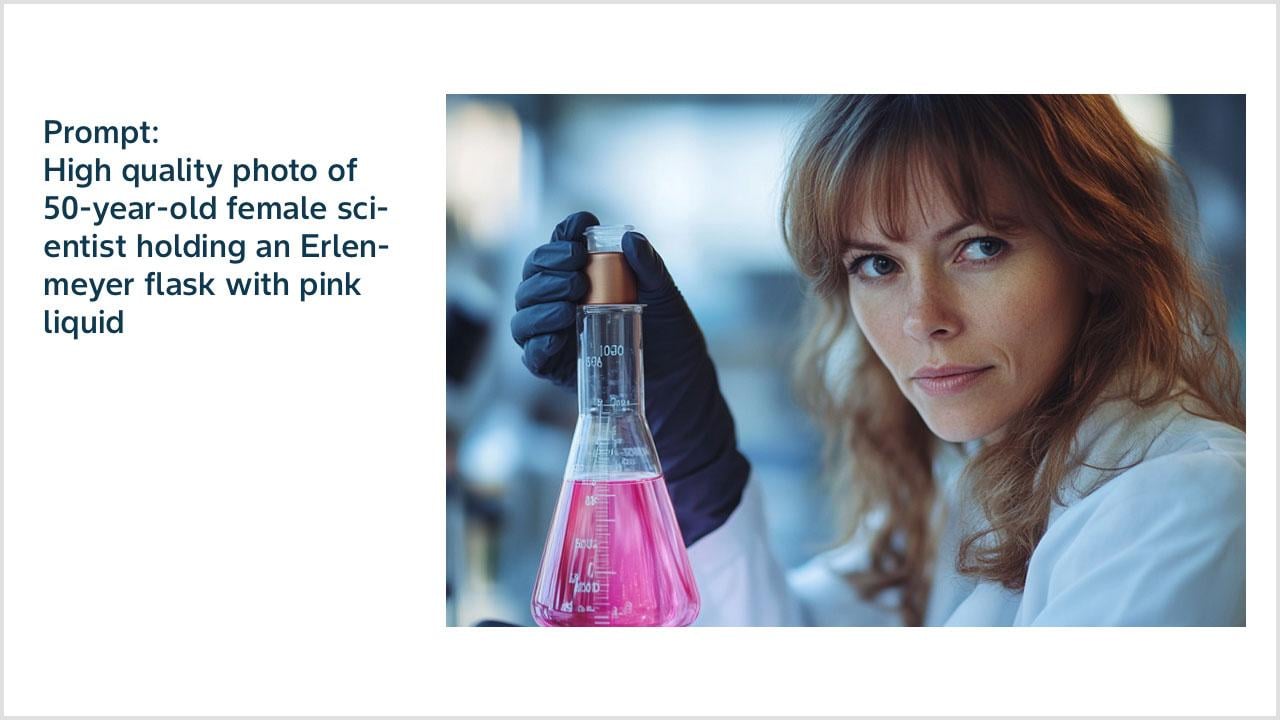 Prompt: High quality photo of 50-year-old female scientist holding an Erlenmeyer flask with pink liquid 