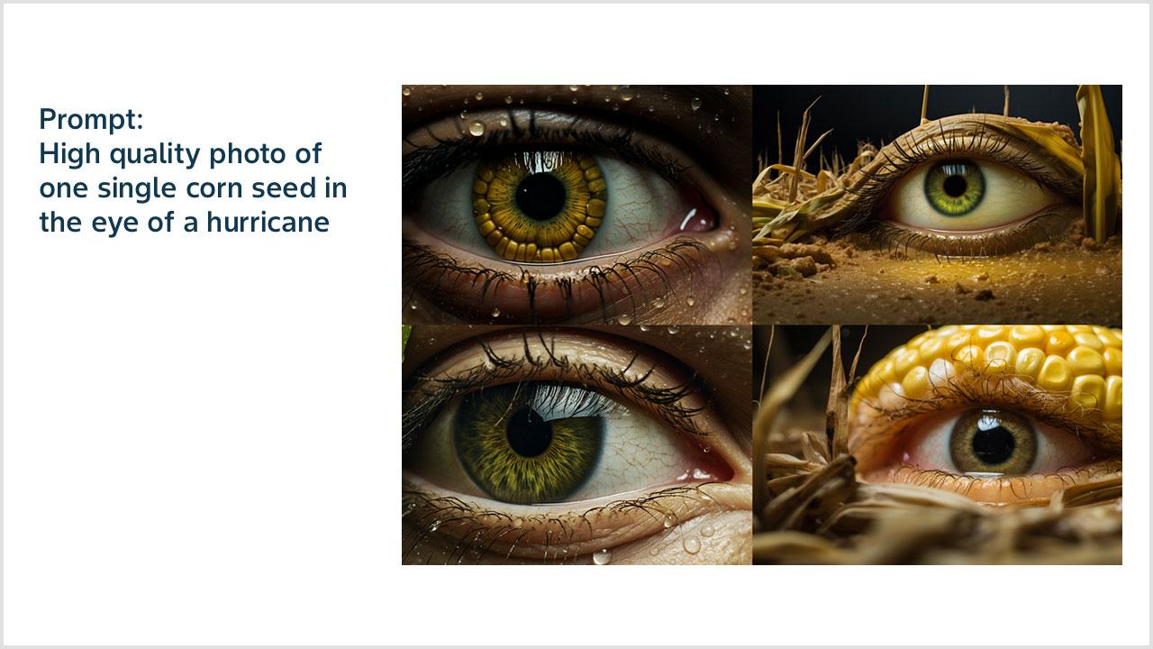 Prompt: High quality photo of one single corn seed in the eye of a hurricane 