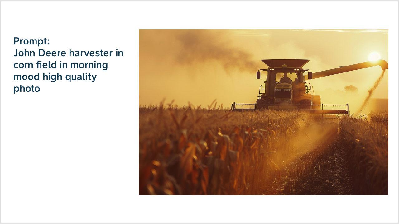 Prompt: John Deere harvester in corn field in morning mood high quality photo  