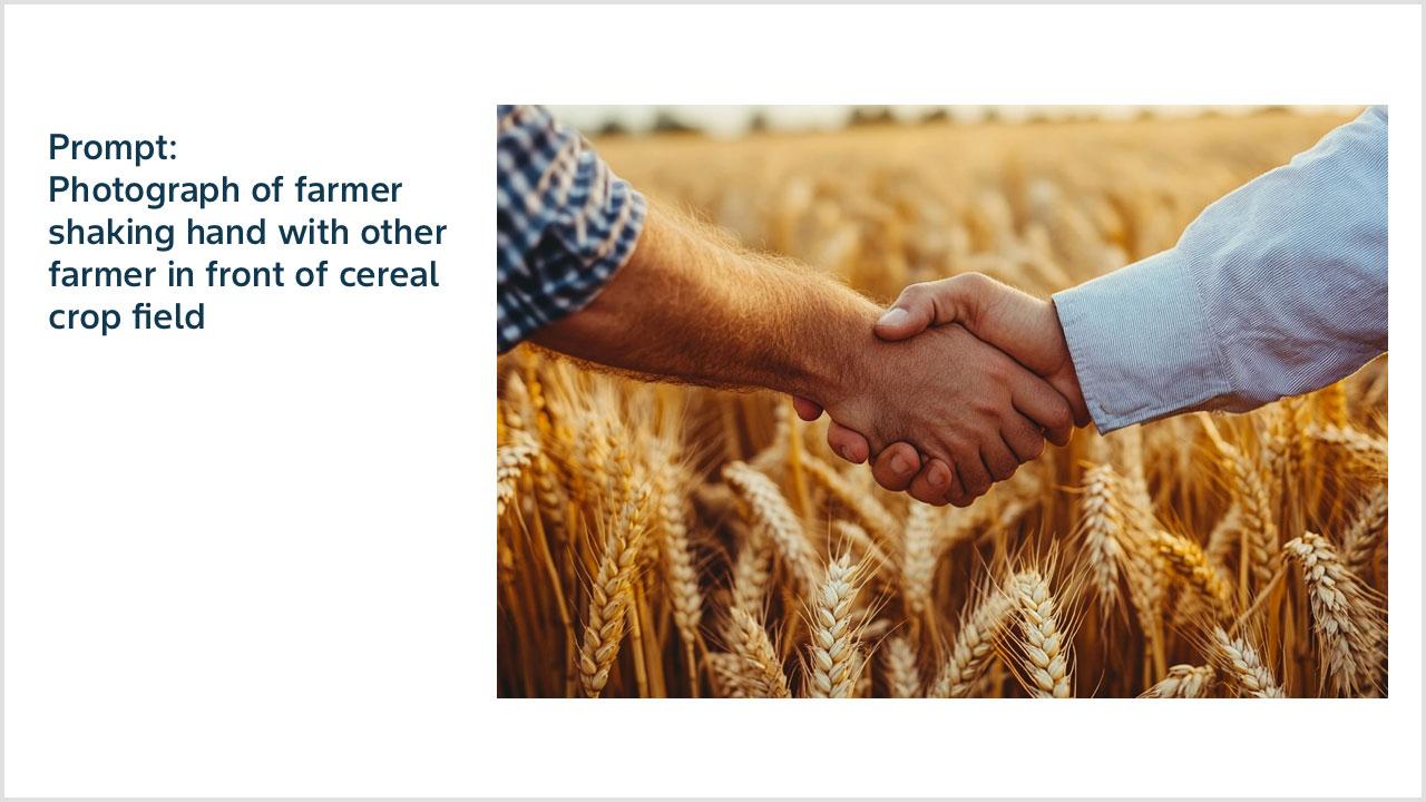 Prompt: Photograph of farmer shaking hand with other farmer in front of cereal crop field 