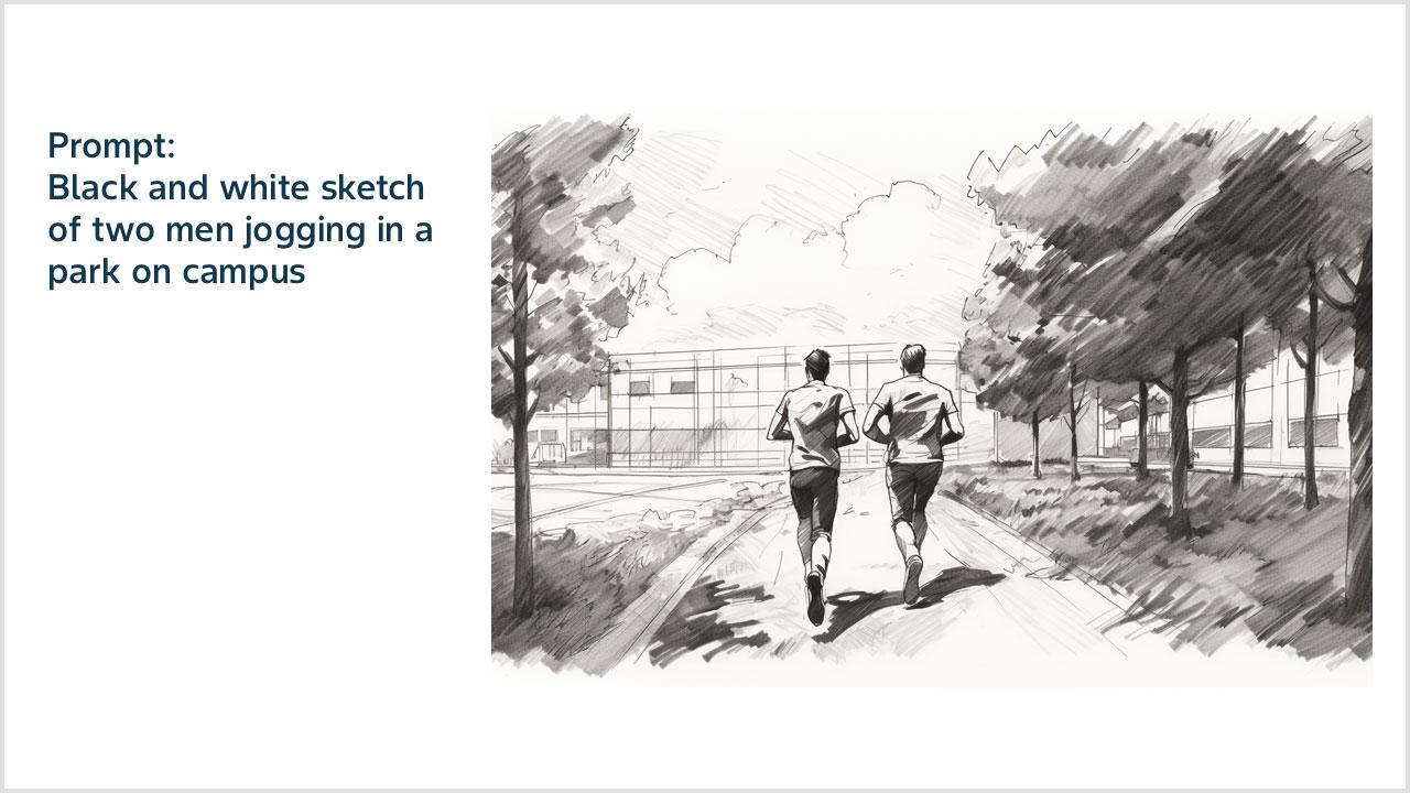 Prompt: Black and white sketch of two men jogging in a park on campus