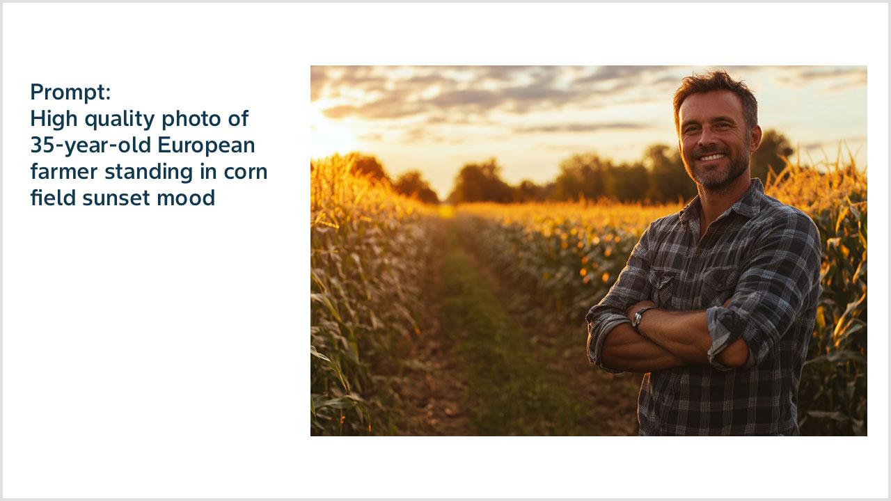Prompt: High quality photo of 35-year-old European farmer standing in corn field sunset mood