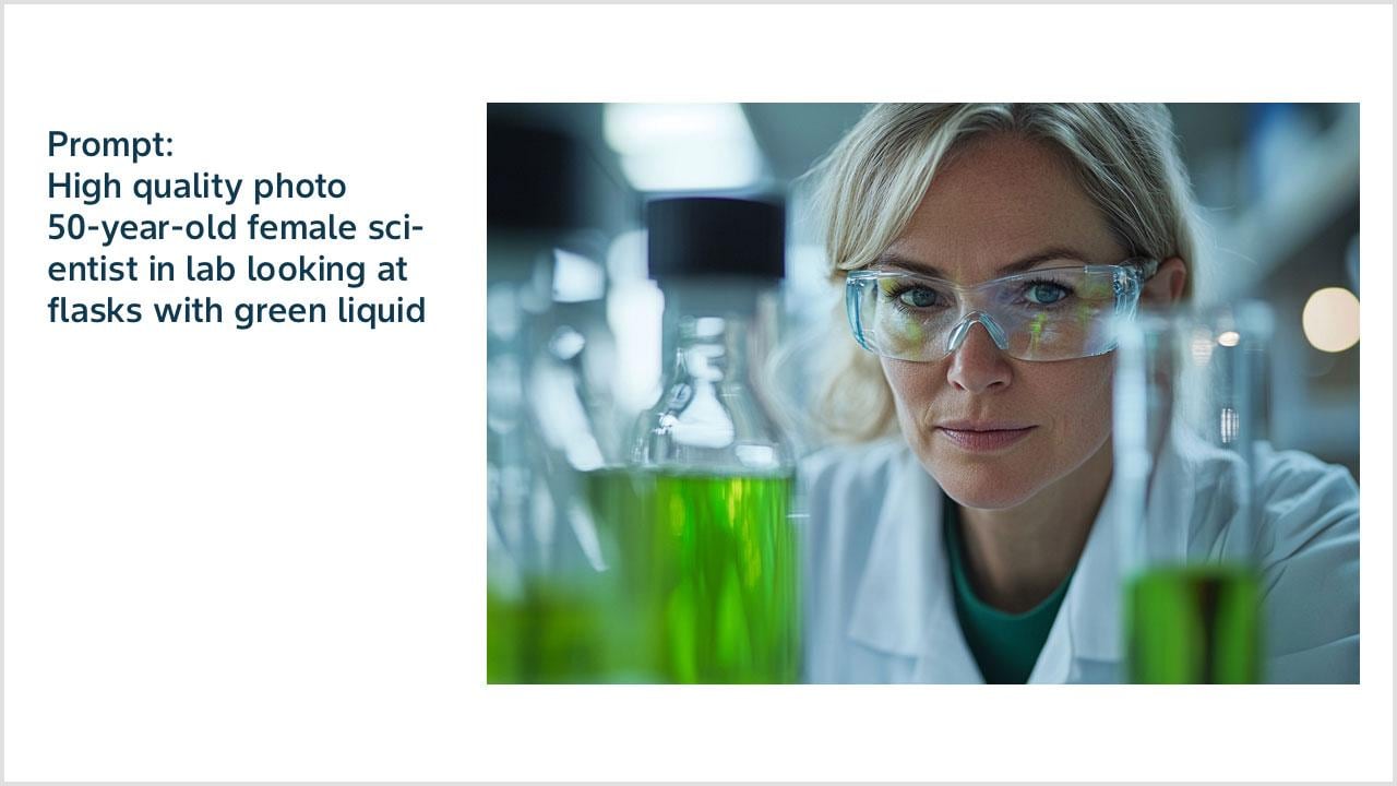 Prompt: High quality photo 50-year-old female scientist in lab looking at flasks with green liquid 