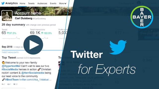 A Twitter analytics dashboard with text promoting a social media event for experts. The screen shows engagement metrics and a play button.