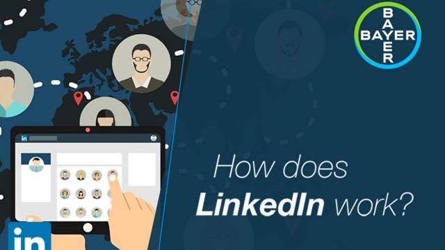 Illustration showing a hand interacting with a tablet displaying profile icons, with a map and Bayer logo in the background. Text reads, "How does LinkedIn work?.