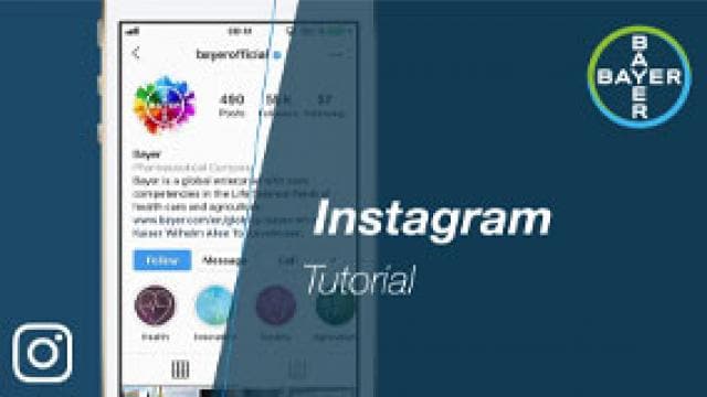 Smartphone displaying an Instagram profile, overlayed with text "Instagram Tutorial" and Bayer logo in the top right corner.