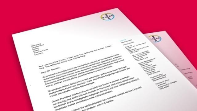 Two documents with a colorful logo on a bright pink background, containing placeholder text in a professional format.