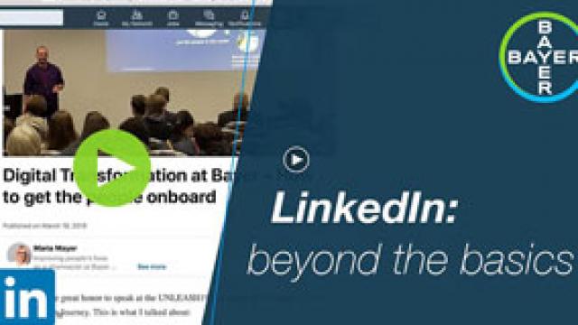 Image split with a LinkedIn presentation on the left and Bayer logo on the right. Text: "LinkedIn: beyond the basics.