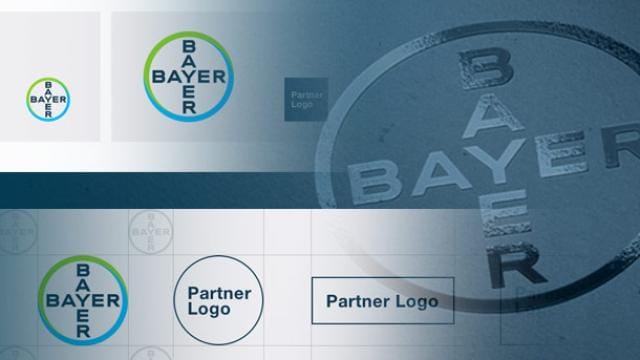 Image displaying various Bayer logos and a placeholder for a partner logo against a gradient blue background.