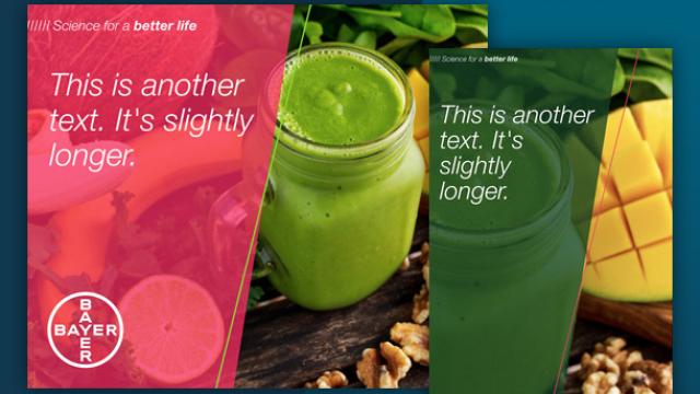 Two overlapping advertisements with green smoothies, walnuts, and mango. One ad has a red filter; both feature the text "This is another text. It's slightly longer" and the Bayer logo.