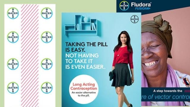 Collage of Bayer-related posters featuring contraception and vector control messages, with logos and smiling individuals.
