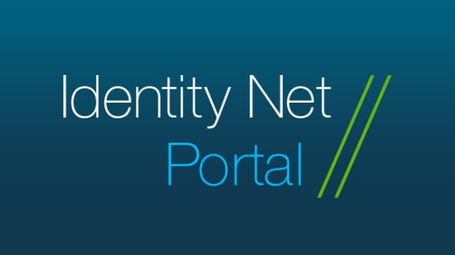 Text on image reads: "Identity Net Portal" with stylized green slashes beside "Portal." Background is a gradient from dark blue to teal.