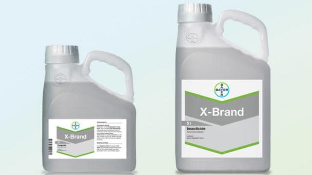 Two containers of X-Brand insecticide with labeled instructions, one larger and one smaller, placed against a light gradient background.