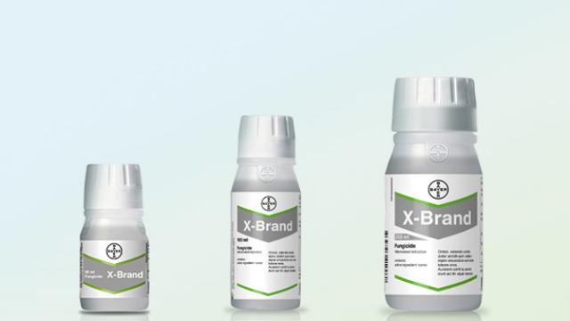 Three white bottles of varying sizes labeled "X-Brand," containing fungicide, are arranged in a row against a light blue background.
