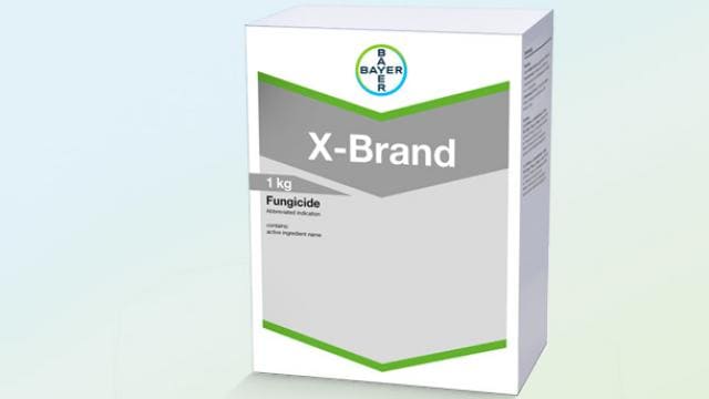 Box of Bayer X-Brand fungicide, 1 kg, with a gray and green design and product details printed on the front.